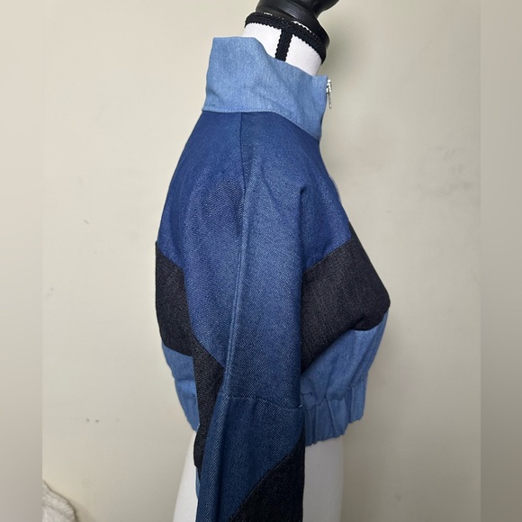 Stylish Blue and Black Women's Cropped Jacket faux denim - Picture 4 of 8